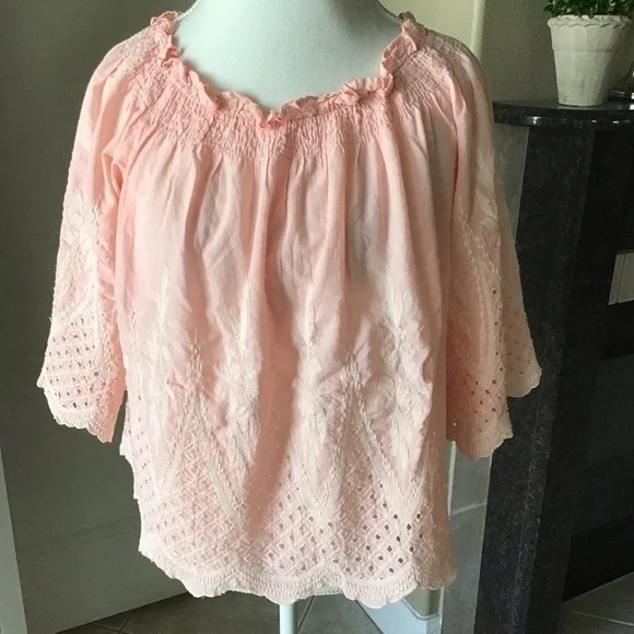 love J Off Shoulder Eyelet Blouse XLARGE Cropped Coral Pink 100% Cotton Romantic - Picture 13 of 16